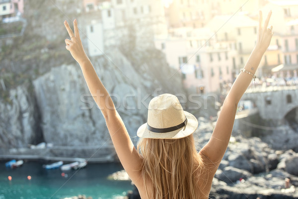 Traveling woman in summer hat. Stock photo © NeonShot