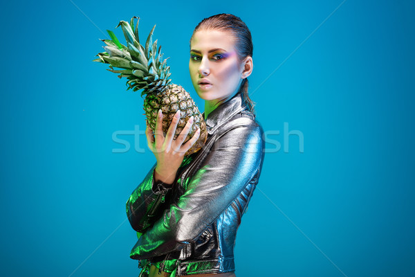 Stockfoto: Jong · meisje · ananas · vruchten · mooie · kaukasisch · kleurrijk