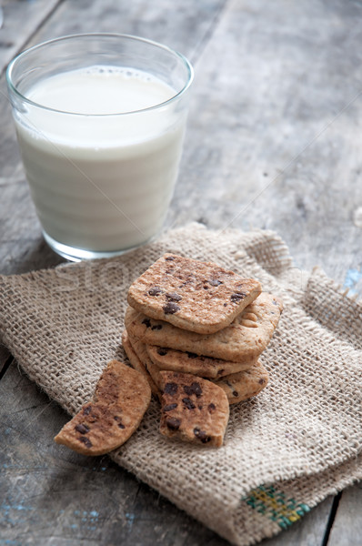 Stack of Chocolate chip cookie and glass of milk Stock photo © nessokv