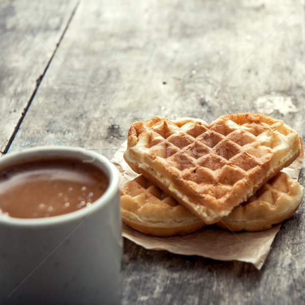 Stock photo: heart shaped waffles and coffee