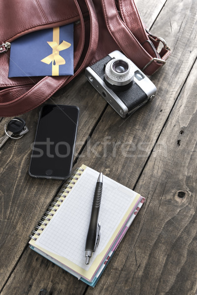 woman bag stuff, handbag over rustic wooden background Stock photo © nessokv