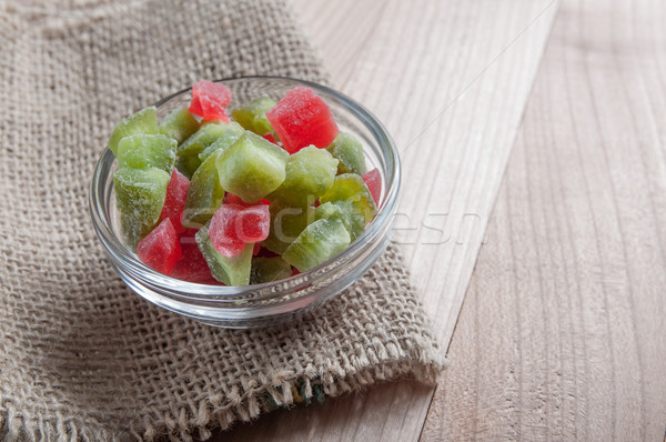 Sokszínű kandírozott gyümölcsök üveg tál gyümölcs Stock fotó © nessokv