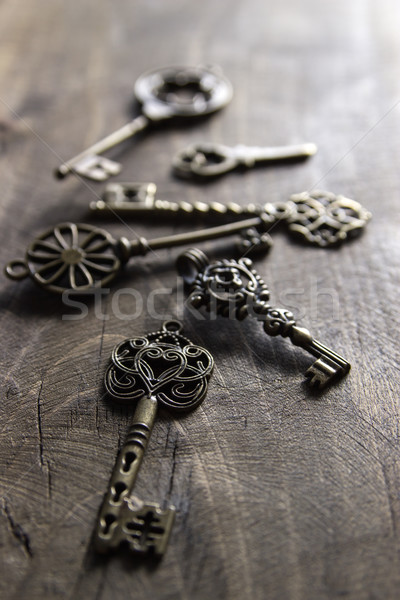 Stockfoto: Vintage · sleutels · bos · oude · houten · plank