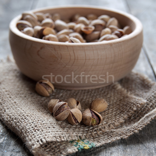 Dried Pistachio Nuts In A Wooden Bowl Stock photo © nessokv