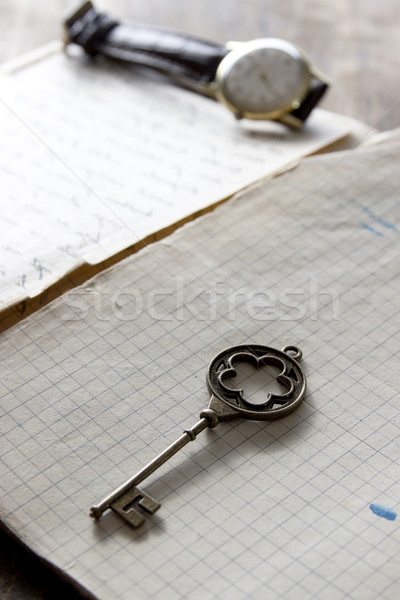 Altes Buch Messing Schlüssel Jahrgang Oberfläche Stock foto © nessokv