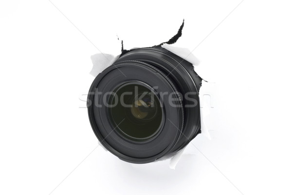 Lente de la cámara fuera blanco papel pared listo Foto stock © newt96