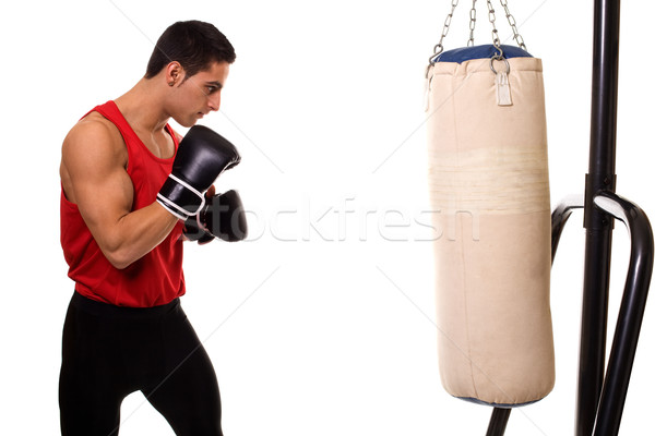 Boxing workout with heavy bag. Studio shot over white. Stock photo © nickp37