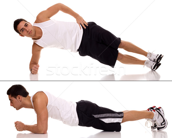 Plank (front hold, hover, abdominal bridge) exercise. Studio shot over white. Stock photo © nickp37