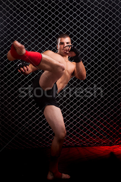 Stock photo: Mixed martial artist posed in front of chain link