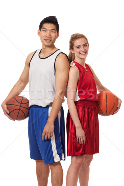 Stock fotó: Kosárlabda · játékosok · férfi · női · stúdiófelvétel · fehér