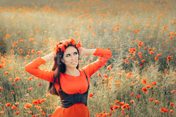 [[stock_photo]]: Belle · femme · floral · couronne · domaine · coquelicots · portrait