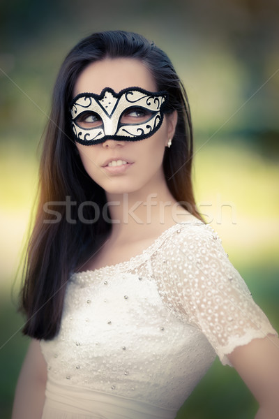 Mulher jovem vestido branco máscara retrato belo Foto stock © NicoletaIonescu