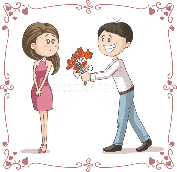 Man Brings Flowers to Shy Woman Vector Cartoon Stock photo © NicoletaIonescu