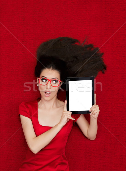 Foto stock: Surpreendido · mulher · óculos · comprimido