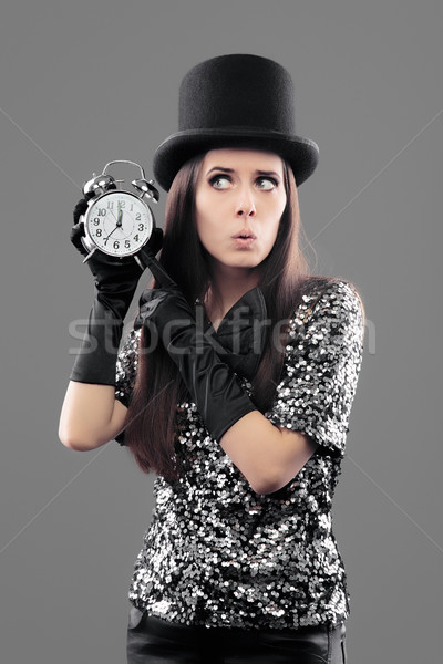 şaşırmış kadın üst şapka çalar saat yılbaşı Stok fotoğraf © NicoletaIonescu
