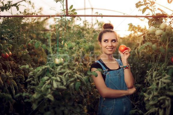 Happy Farm Girl Holding a Tomato inside a Greenhouse Stock photo © NicoletaIonescu