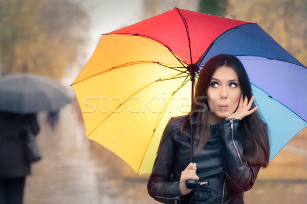 Stockfoto: Verwonderd · najaar · vrouw · regenboog · paraplu