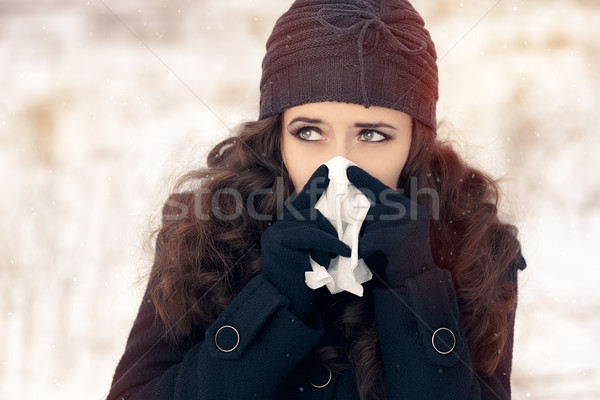 Woman with Tissue Outside Feeling Bad Cold Winter  Stock photo © NicoletaIonescu