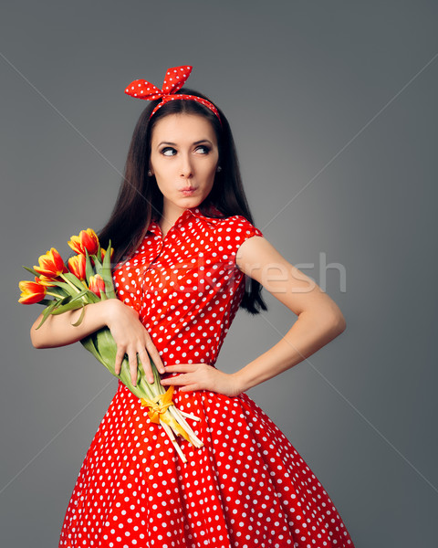 Zdziwiony dziewczyna retro czerwony polka sukienka Zdjęcia stock © NicoletaIonescu