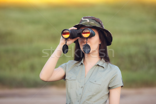 Explorer Girl with Camouflage Hat and Binoculars  Stock photo © NicoletaIonescu