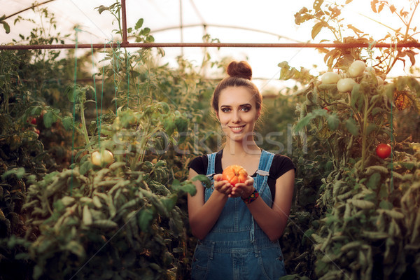 Happy Farm Girl Holding a Tomato inside a Greenhouse Stock photo © NicoletaIonescu