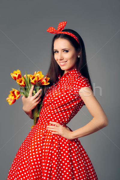 Bonitinho menina retro vermelho polca vestir Foto stock © NicoletaIonescu