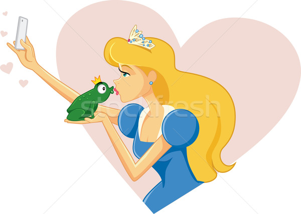 Stock photo: Princess Taking Selfie and Kissing Frog Vector