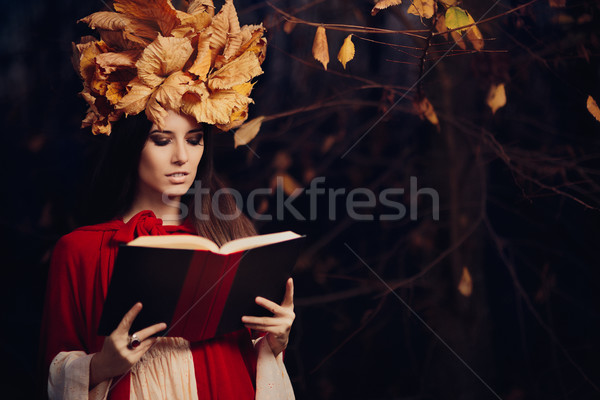 Woman With Autumn Leaves Crown Reading a Book Stock photo © NicoletaIonescu