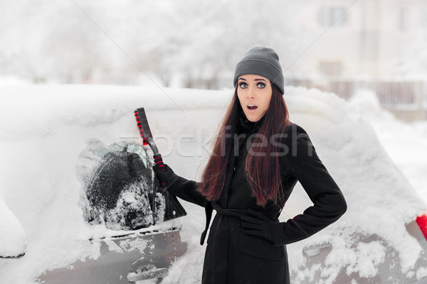 Funny Woman with a Brush Removing Snow from Car Stock photo © NicoletaIonescu