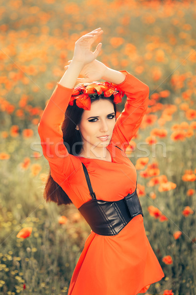 [[stock_photo]]: Belle · femme · floral · couronne · domaine · coquelicots · portrait