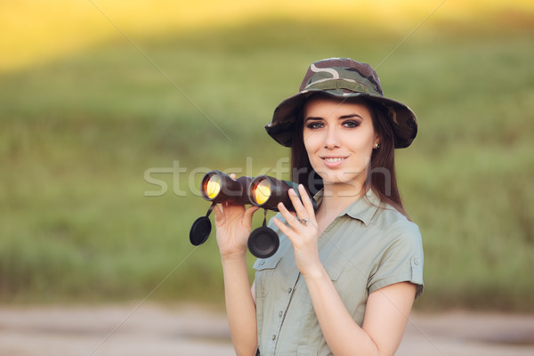 Explorer Girl with Camouflage Hat and Binoculars  Stock photo © NicoletaIonescu