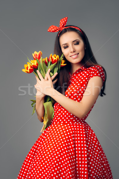 Bonitinho menina retro vermelho polca vestir Foto stock © NicoletaIonescu