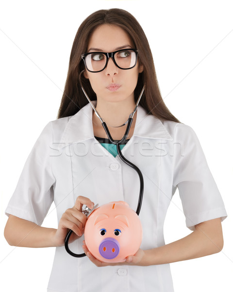 Foto stock: Piggy · bank · saúde · mulher · médico · saudável · isolado