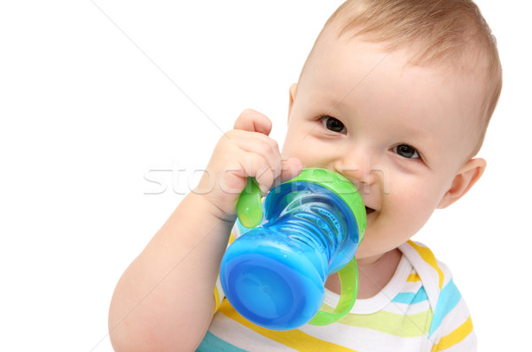 Foto stock: Bebé · leche · botella · feliz · diversión · retrato