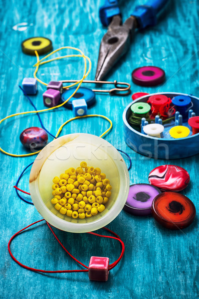 Artisanat perles outils couture turquoise bois [[stock_photo]] © nikolaydonetsk