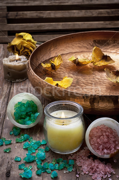 bronze bowl with water and accessories spa treatments Stock photo © nikolaydonetsk