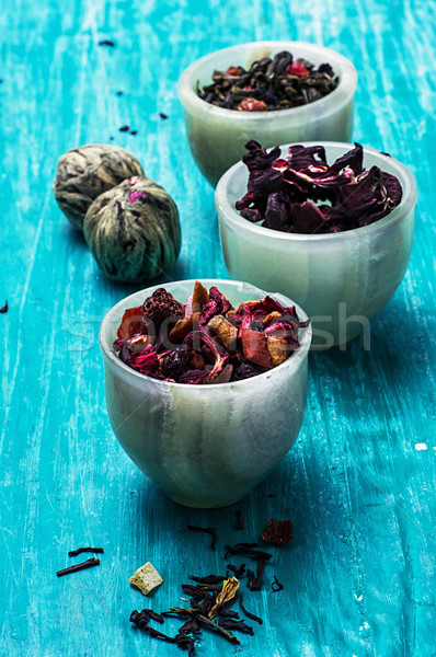 Választék száraz tea levelek fából készült türkiz Stock fotó © nikolaydonetsk