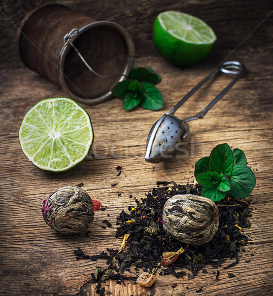 tea brew with lime and mint on wooden background  Stock photo © nikolaydonetsk