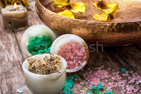 bronze bowl with water and accessories spa treatments Stock photo © nikolaydonetsk