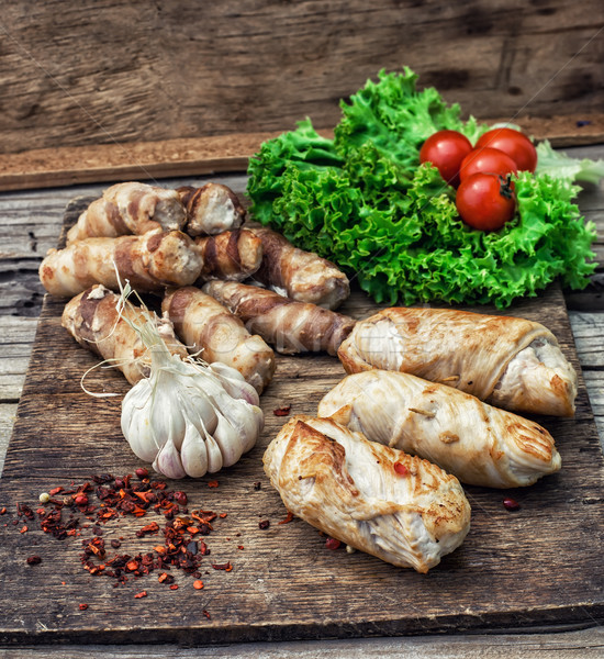 Stock photo: set fried meat sausages on wooden background