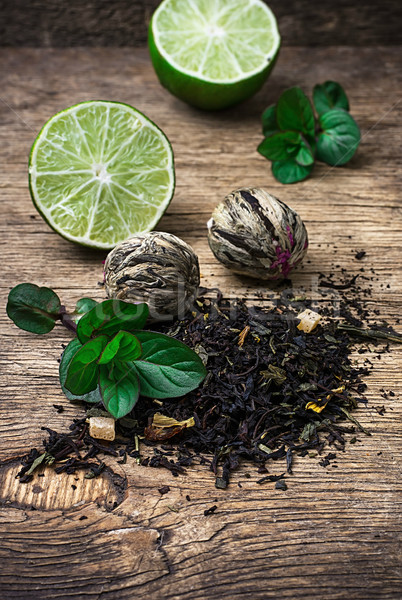 Stock photo: tea brew with lime and mint on wooden background 