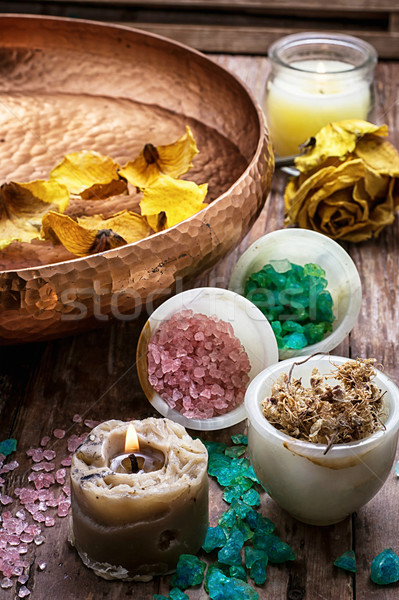 bronze bowl with water and accessories spa treatments Stock photo © nikolaydonetsk