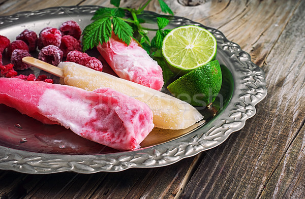 raspberry ice cream with old tray Stock photo © nikolaydonetsk