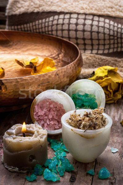 bronze bowl with water and accessories spa treatments Stock photo © nikolaydonetsk