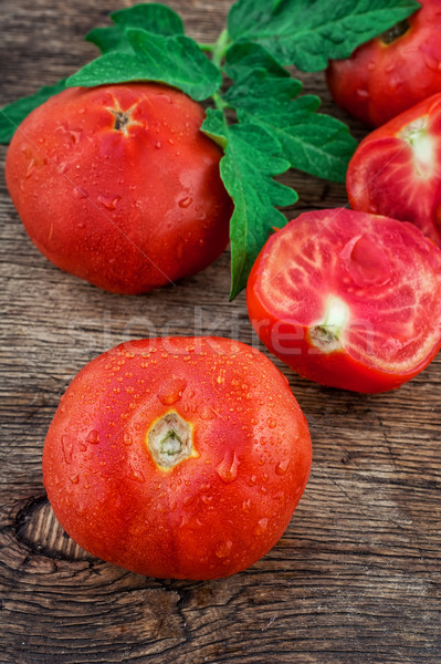 Tomaat oogst rijp tomaten groene bladeren houten Stockfoto © nikolaydonetsk