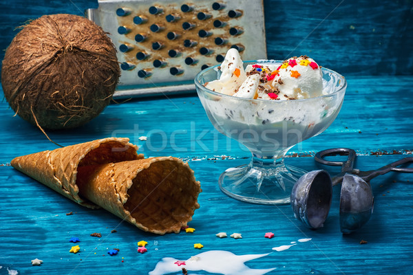 Stock photo: ice cream in  bowl and two waffle cup