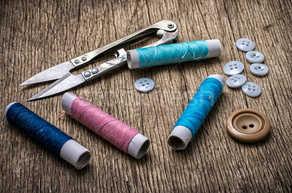 Foto stock: De · costura · ferramentas · tesoura · fio · botões · vintage