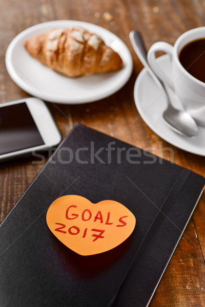 brekafast, smartphone and text goals 2017 Stock photo © nito
