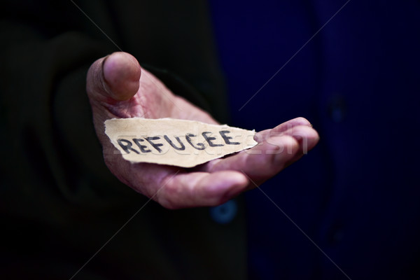 old man with a paper with the word refugee Stock photo © nito