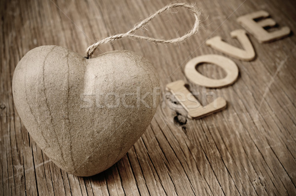 Stock fotó: Szív · levelek · szó · szeretet · szépia · karton